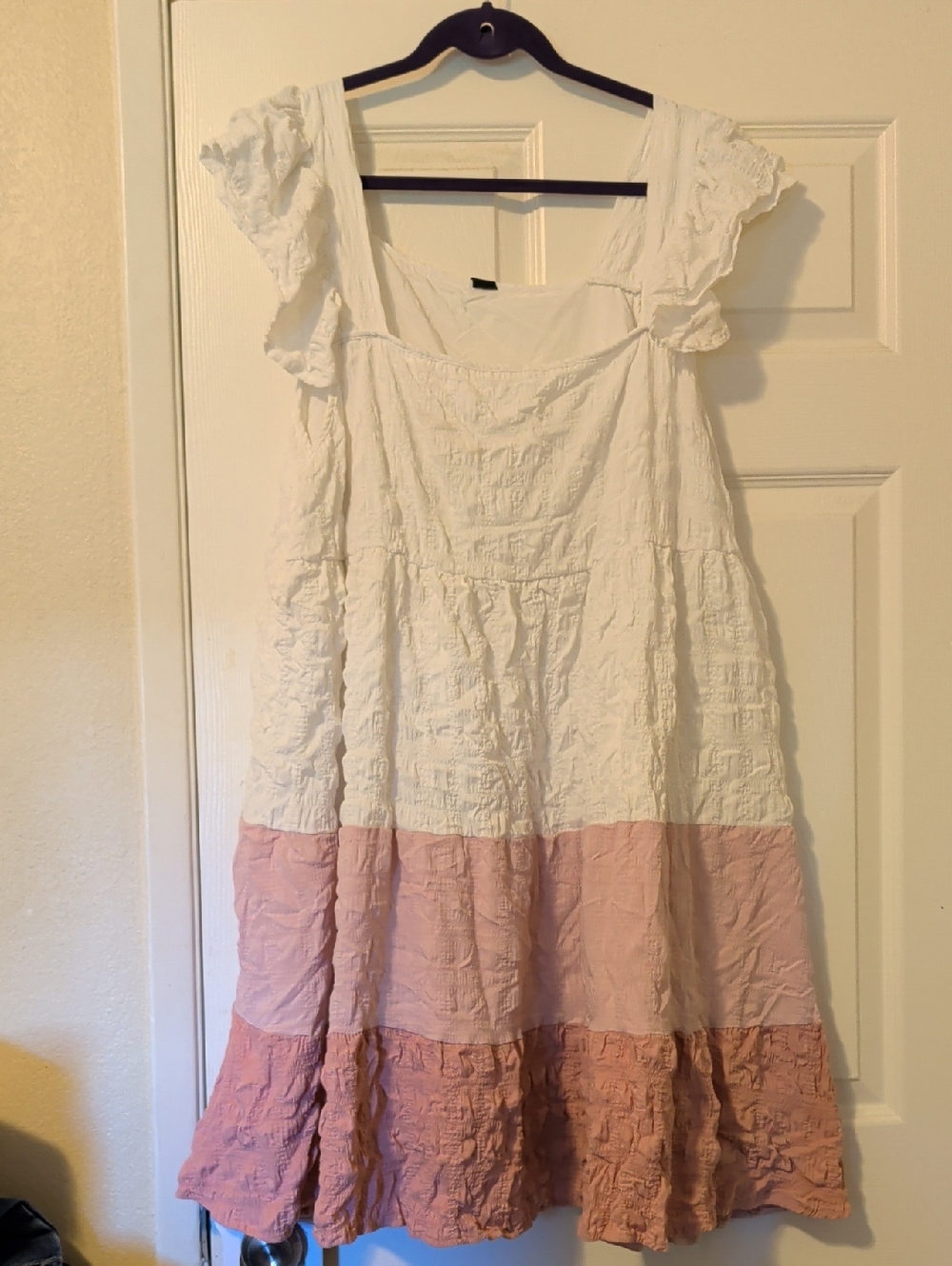Tiered Cotton Blend Sundress in White and Pink